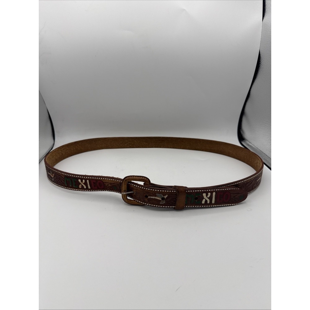 Vtg Mexico Leather Concho Belt Hand Tool Painted Size 44 Brown Western Cowboy